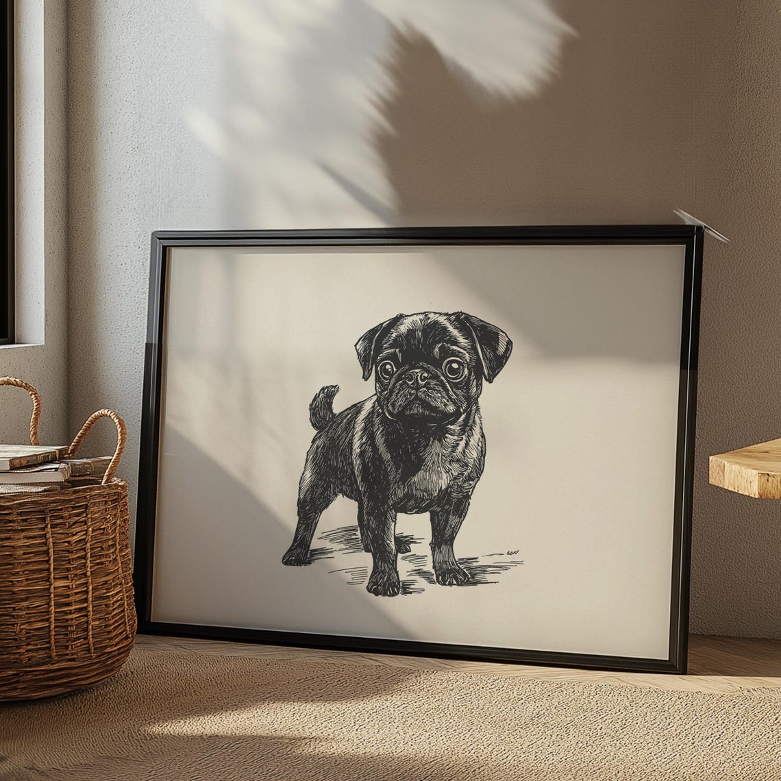Pug Retro Drawing Pug Vintage Print Dog Lover Gift Idea Dog Wall Art Antique Puppy Painting Country Wall Art Pug Farmhouse Poster - Image 3