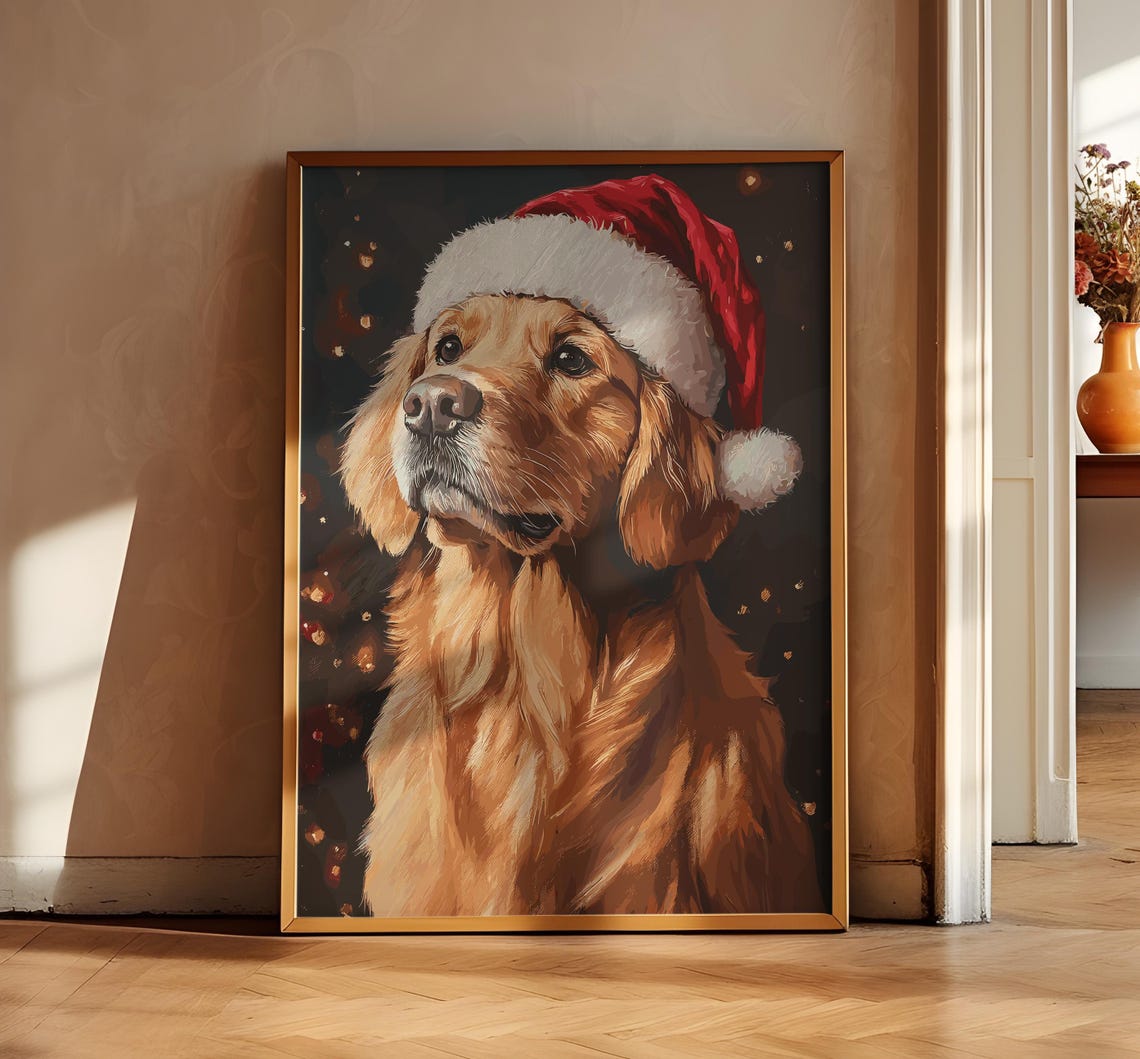 Christmas Golden Retriever Painting Retro Christmas Print Vintage Holiday Art Vintage Dog Print Christmas Gift Dog Art Xmas Drawing - Image 2