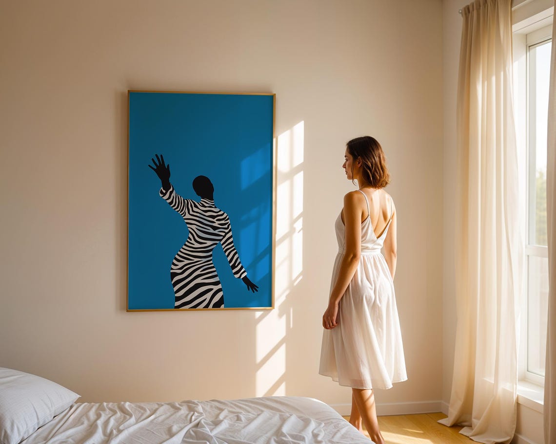 Dancing Woman Illustration Blue Abstract Decor Minimalist Female Print Striped Wall Poster Boho Drawing Mid Century Modern - Image 2