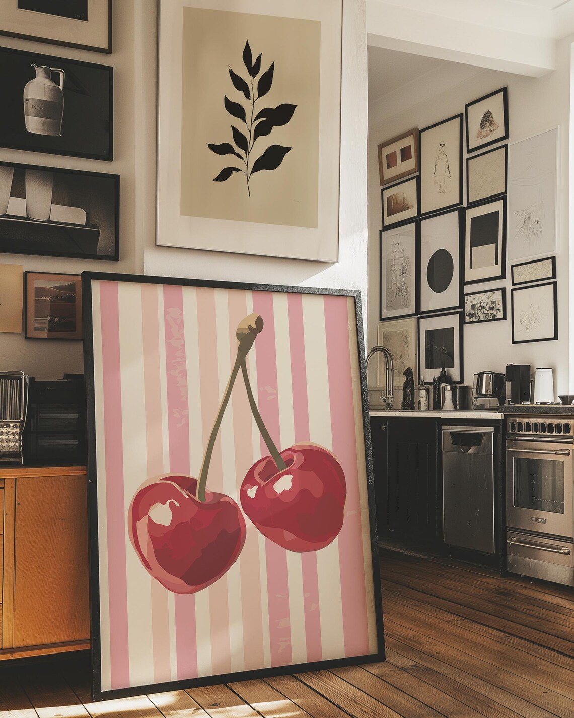 Cherries Retro Drawing Cherries Wall Art Kitchen Trendy Print Farmhouse Kitchen Posters Retro Kitchen Decor Fruit Wall Art - Image 3