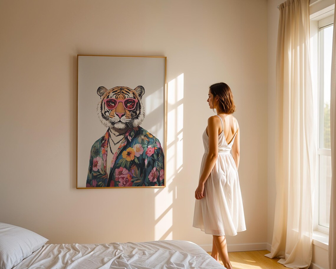 Playful Tiger In Pink Sunglasses Wearing Floral Shirt Animal Poster - Image 3