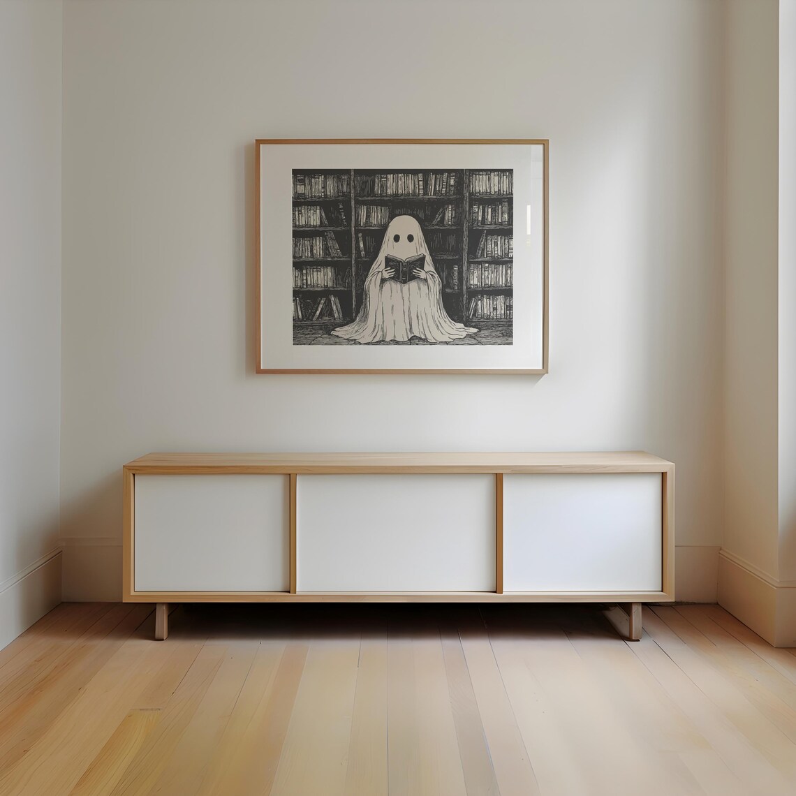 Ghost Reading Book Dark Library Vintage Engraved Halloween Poster - Image 2