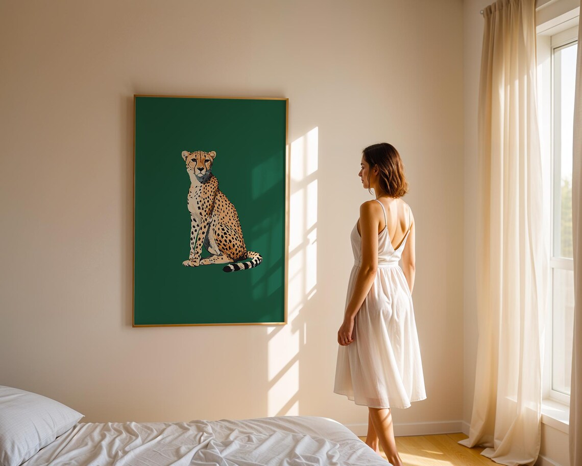 Elegant Sitting Cheetah On Emerald Green Safari Animal Poster - Image 3
