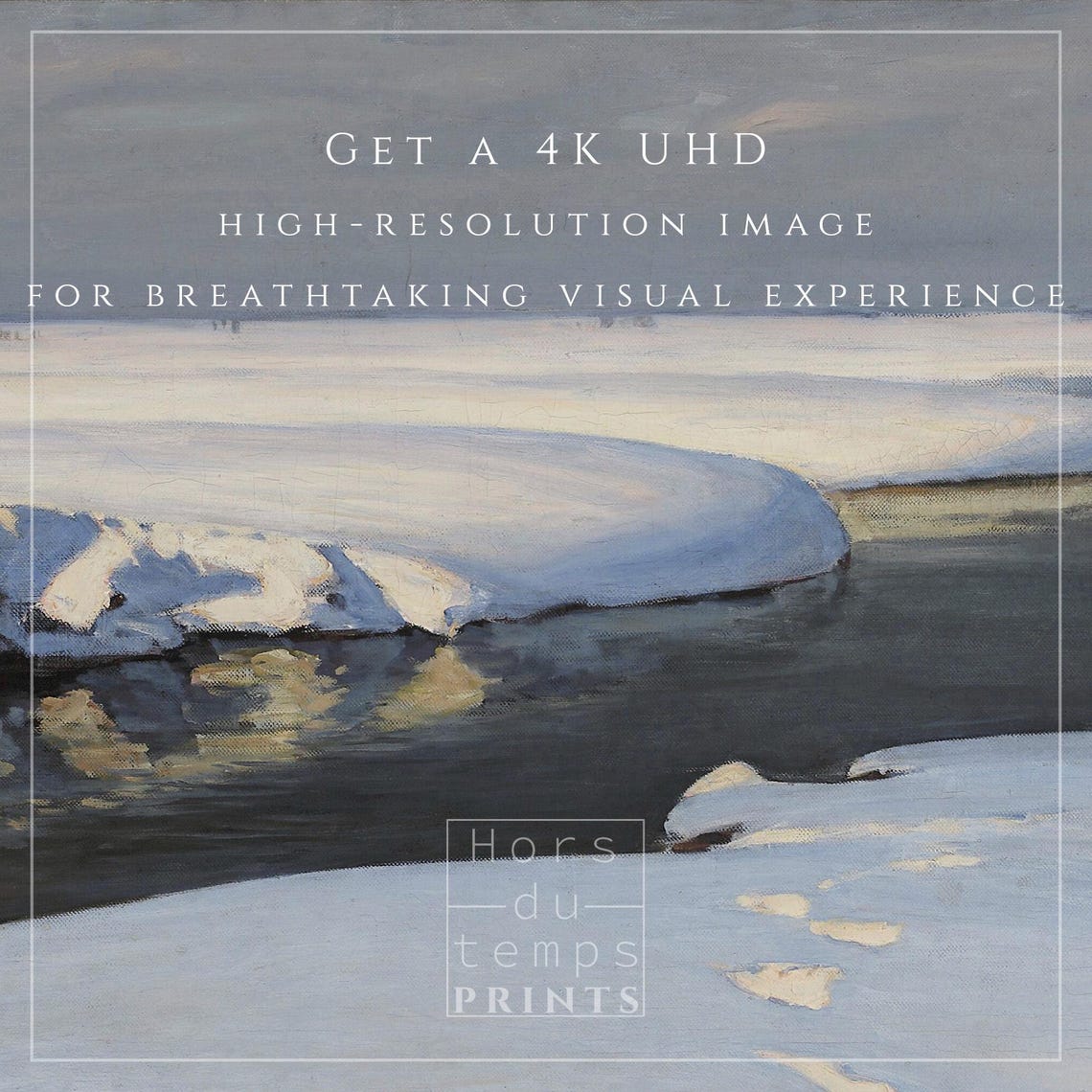 Wide Frozen River with Snowbanks Under a Grey Winter Sky Poster - Image 2