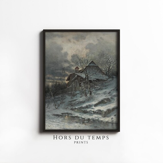 Moody Village Farmhouse Painting Winter In Muted Tones Christmas Vintage Art Hors Du Temps Prints