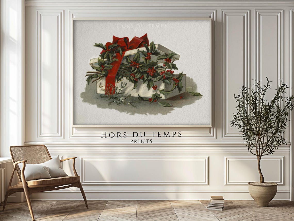 Vintage Christmas Gift Box with Holly and Berries Holiday Art Poster - Image 2