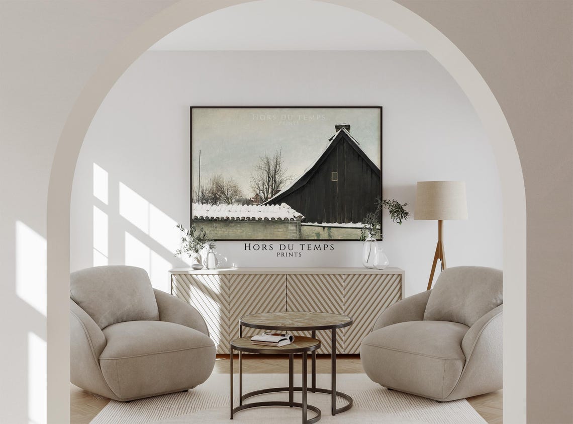 Dark Wooden Barn Roof in Snow Minimalist Winter Painting Poster - Image 2