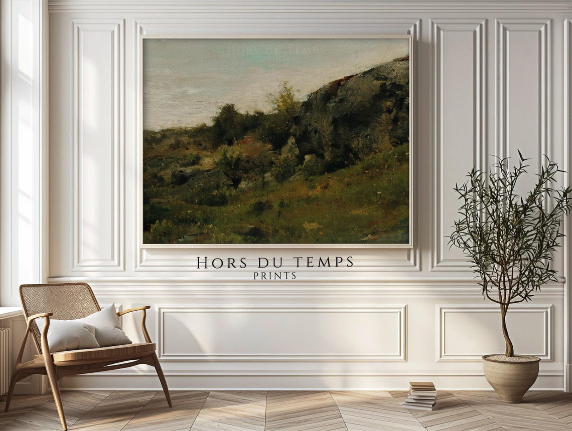 Vintage Rocky Hillside Grasses Bushes Impressionist Study Poster - Image 2
