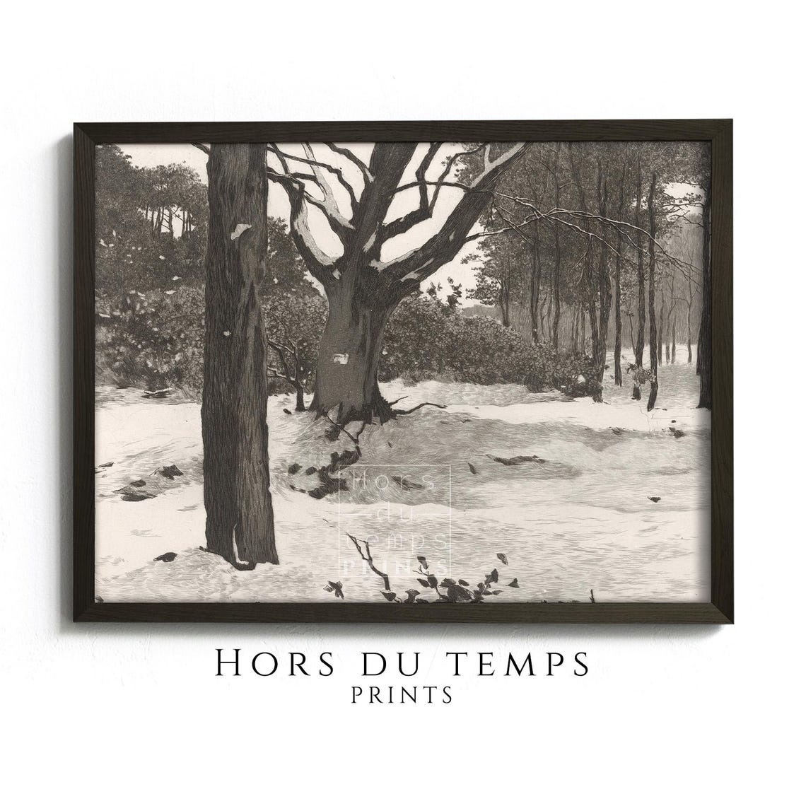 Sepia Etched Winter Forest with Great Beech Tree Vintage Poster