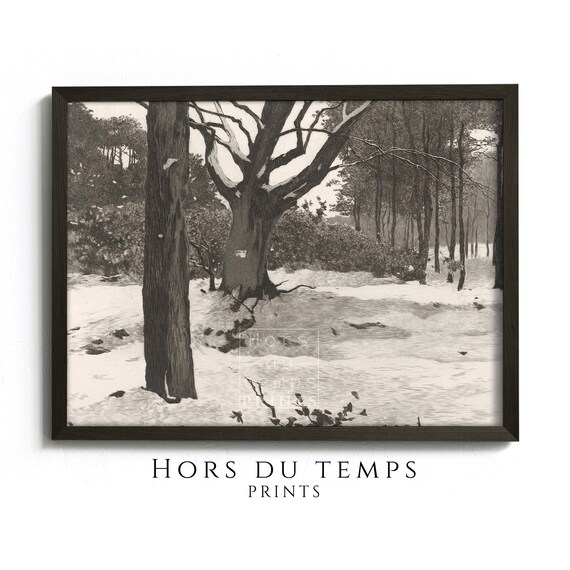 Moody Winter Forest Landscape Black White Painting Muted Dark Tones Rustic Country Christmas Vintage Art Hors Du Temps