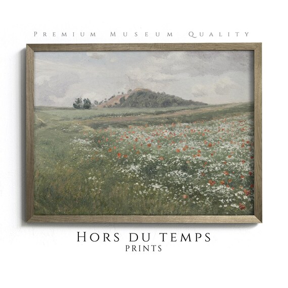 Red Poppies Wildflower Field Rolling Hill Vintage Landscape Art Print