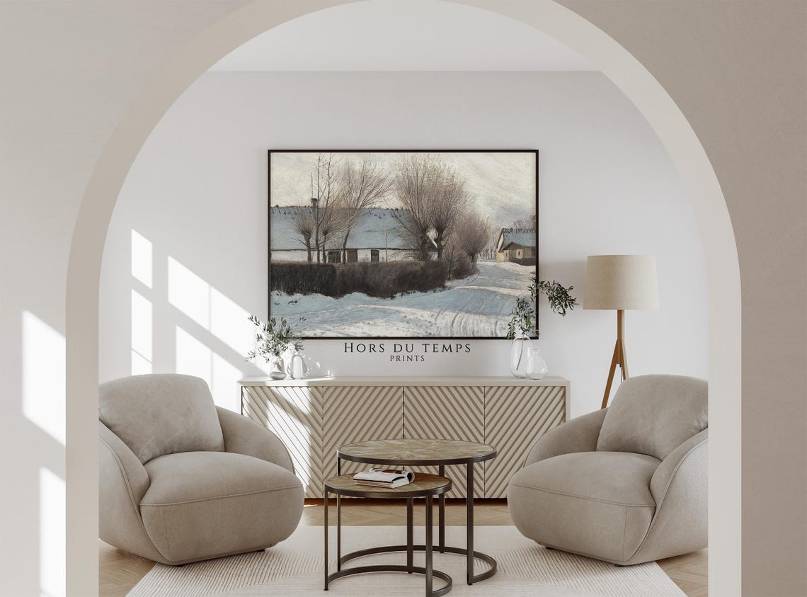 Thatched Farmhouse Behind Hedge Snowy Lane Winter Painting Poster - Image 2
