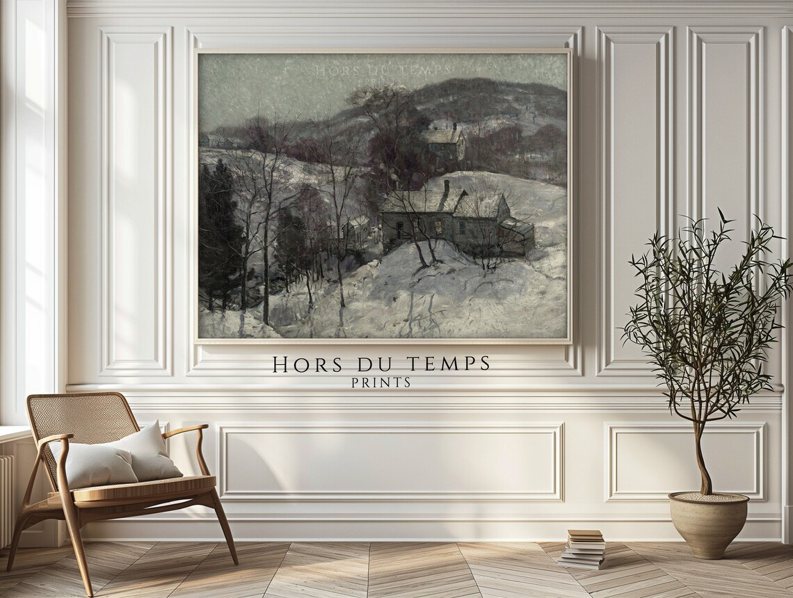 Snowy Farmhouse Village Moody Winter Vintage Landscape Art Poster - Image 2