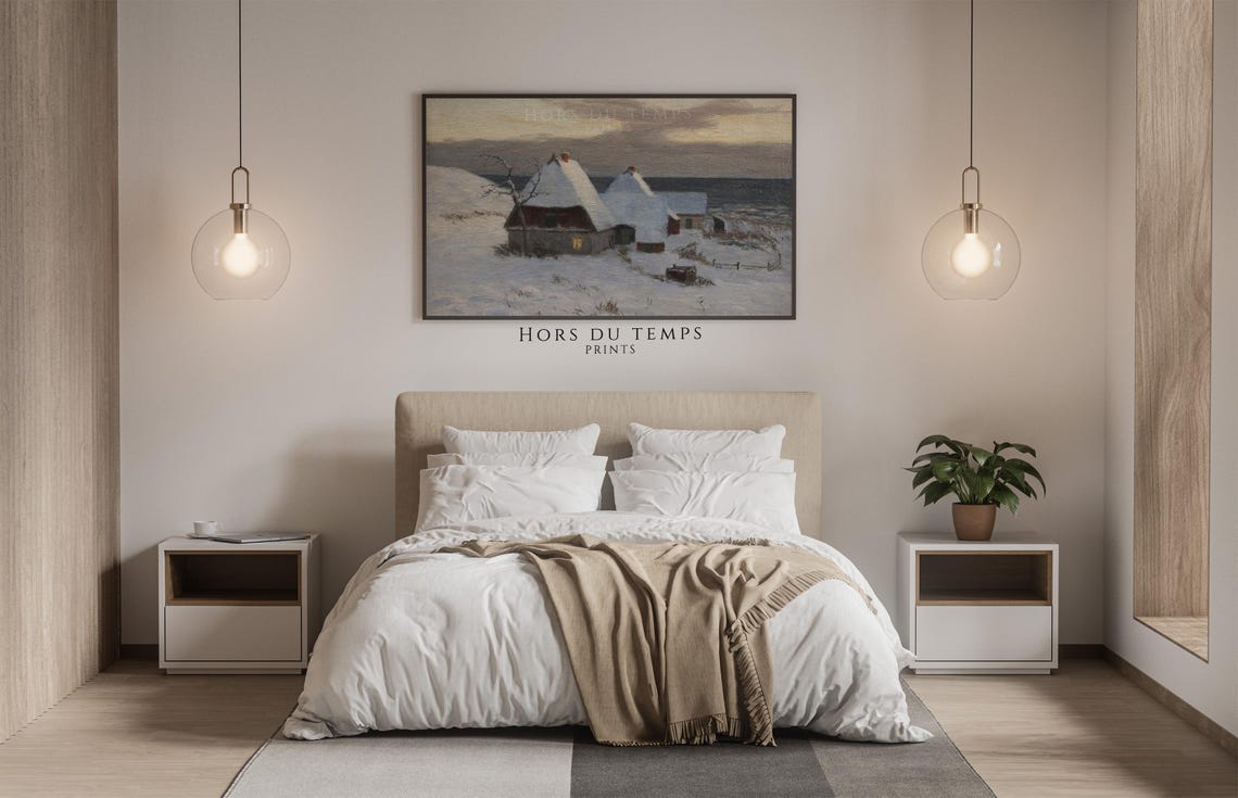 Snowy Seaside Cottages at Dusk with Glowing Window Winter Poster - Image 2