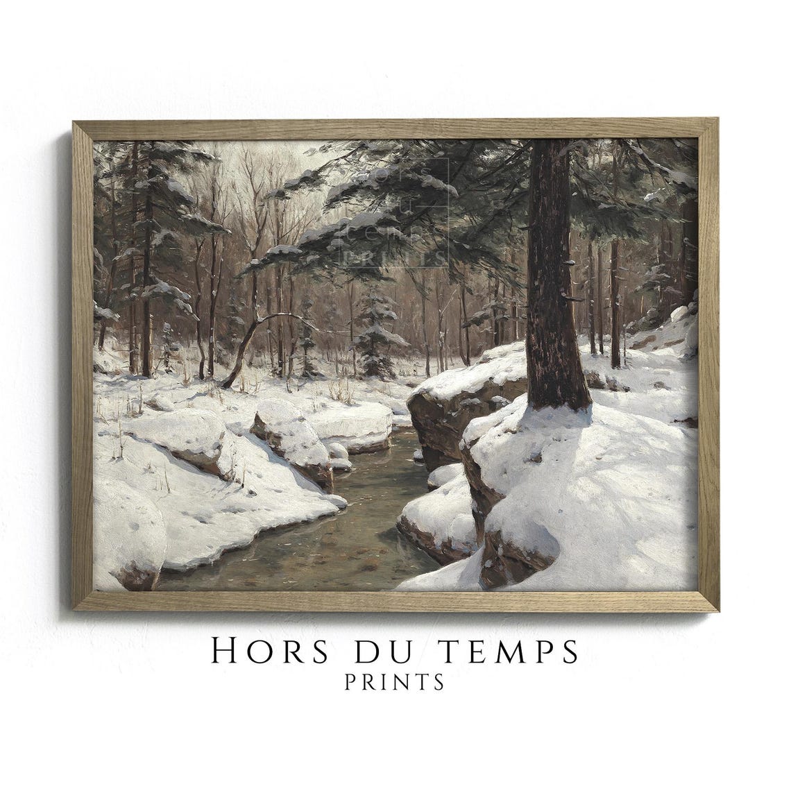 Snowy Forest Stream with Rocks and Tall Pines Winter Vintage Poster