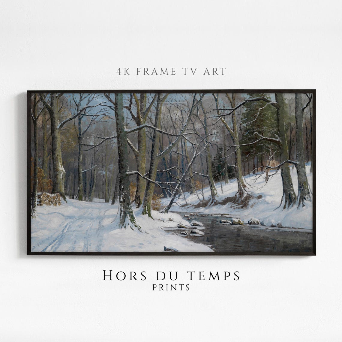 Bare Trees Along Snowy Creek Vintage Winter Woodland Painting Poster