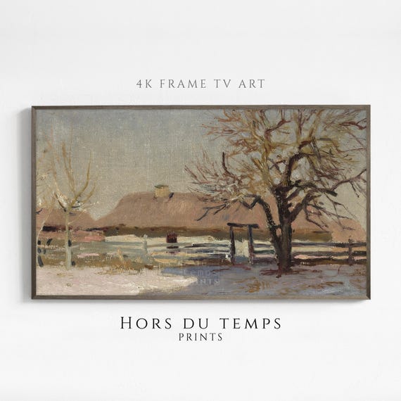 Muted Snowy Village Farmhouse Landscape Art For Frame Tv Vintage Cottagecore Painting Hors Du Temps Prints