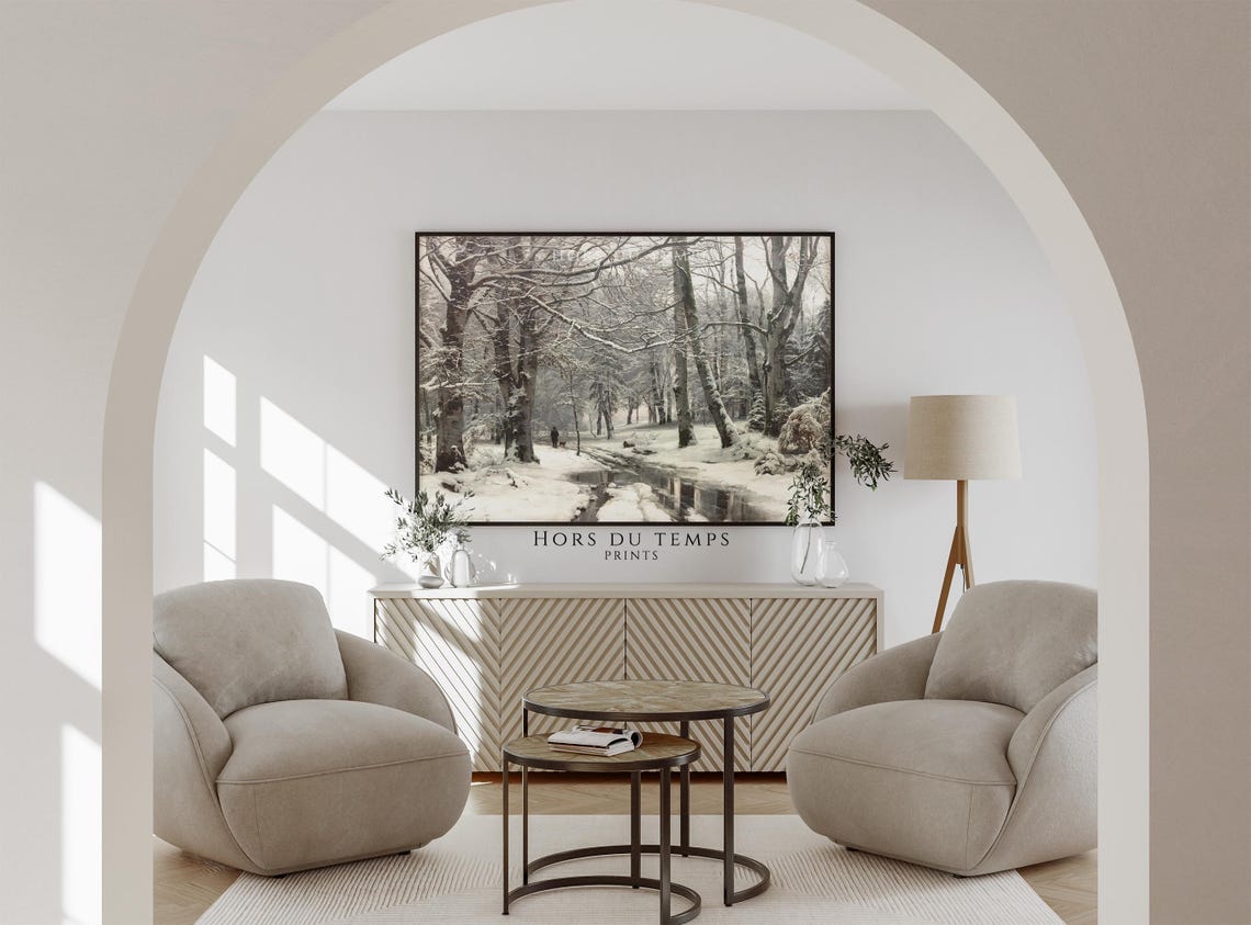 Winter Beech Forest Stream with Walker and Dog Snowy Painting Poster - Image 2