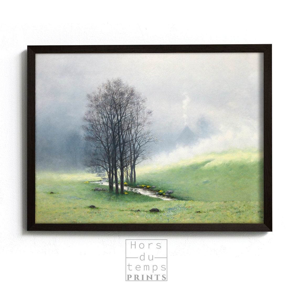 Misty Spring Morning Stream Bare Trees Wildflower Meadow Art Poster - Image 2