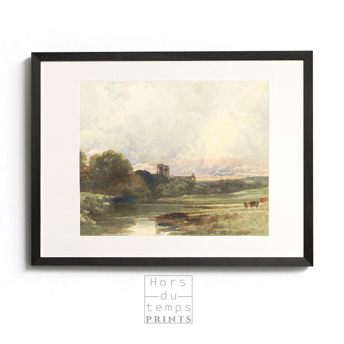River Meadow Cows Abbey Ruins Soft Watercolor Landscape Poster - Image 2