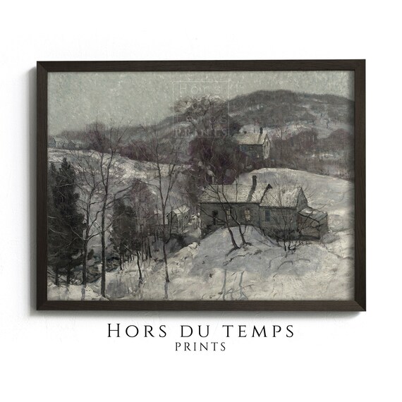 Moody Winter Village Farmhouse Painting Christmas Vintage Art Hors Du Temps Prints