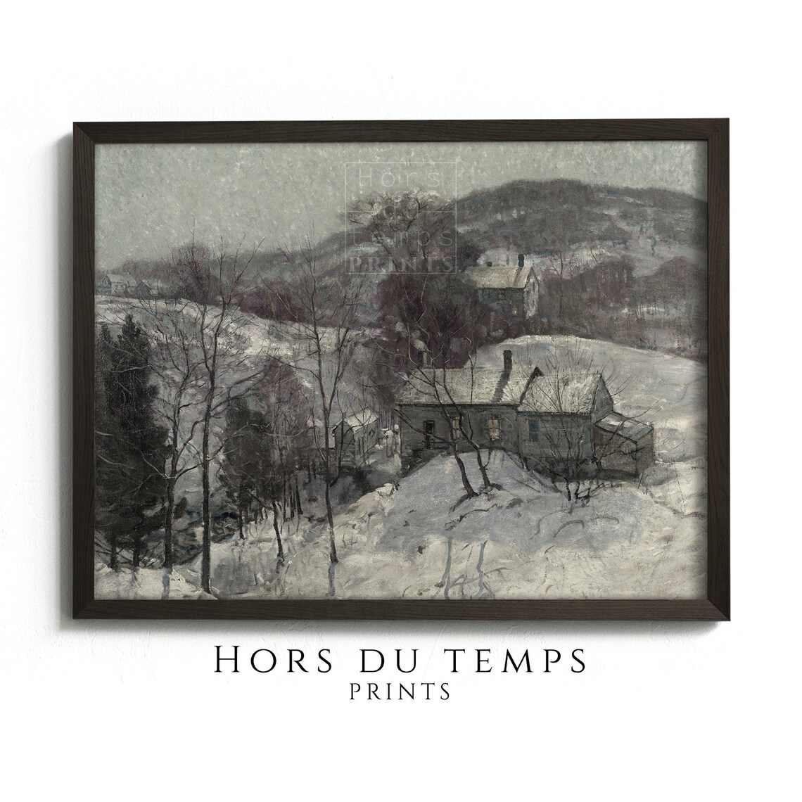 Snowy Farmhouse Village Moody Winter Vintage Landscape Art Poster