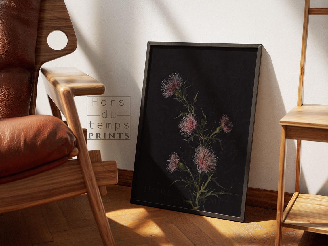 Pink Thistle Wildflowers Black Background Vintage Botanical Wall Art - Image 2