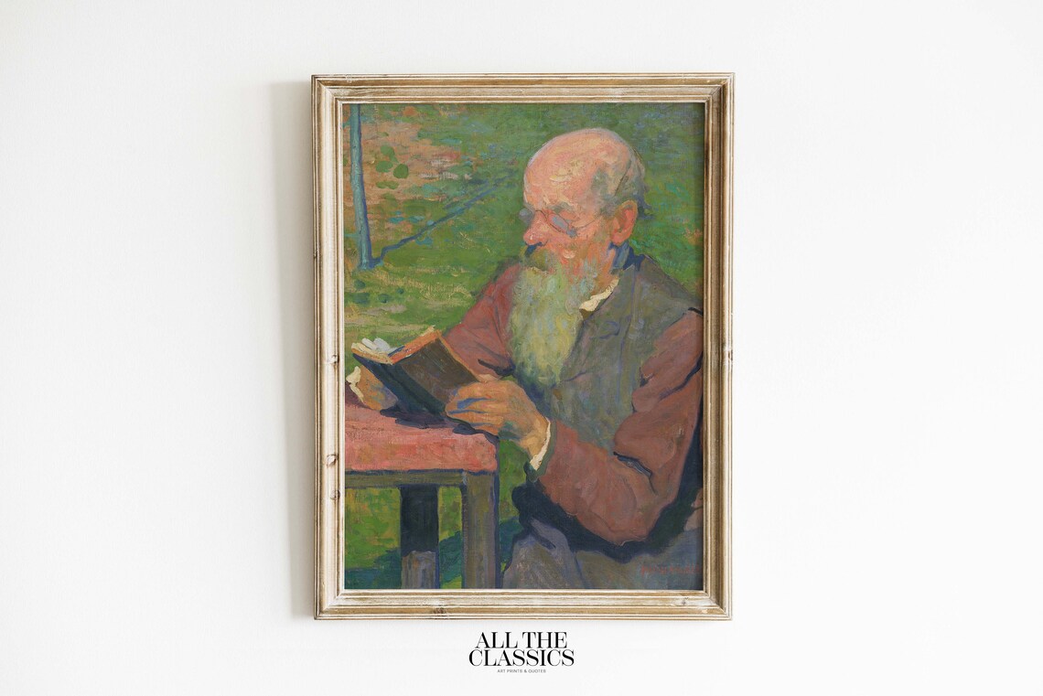Elderly Man Reading Book Outdoors Impressionist Vintage Portrait Poster