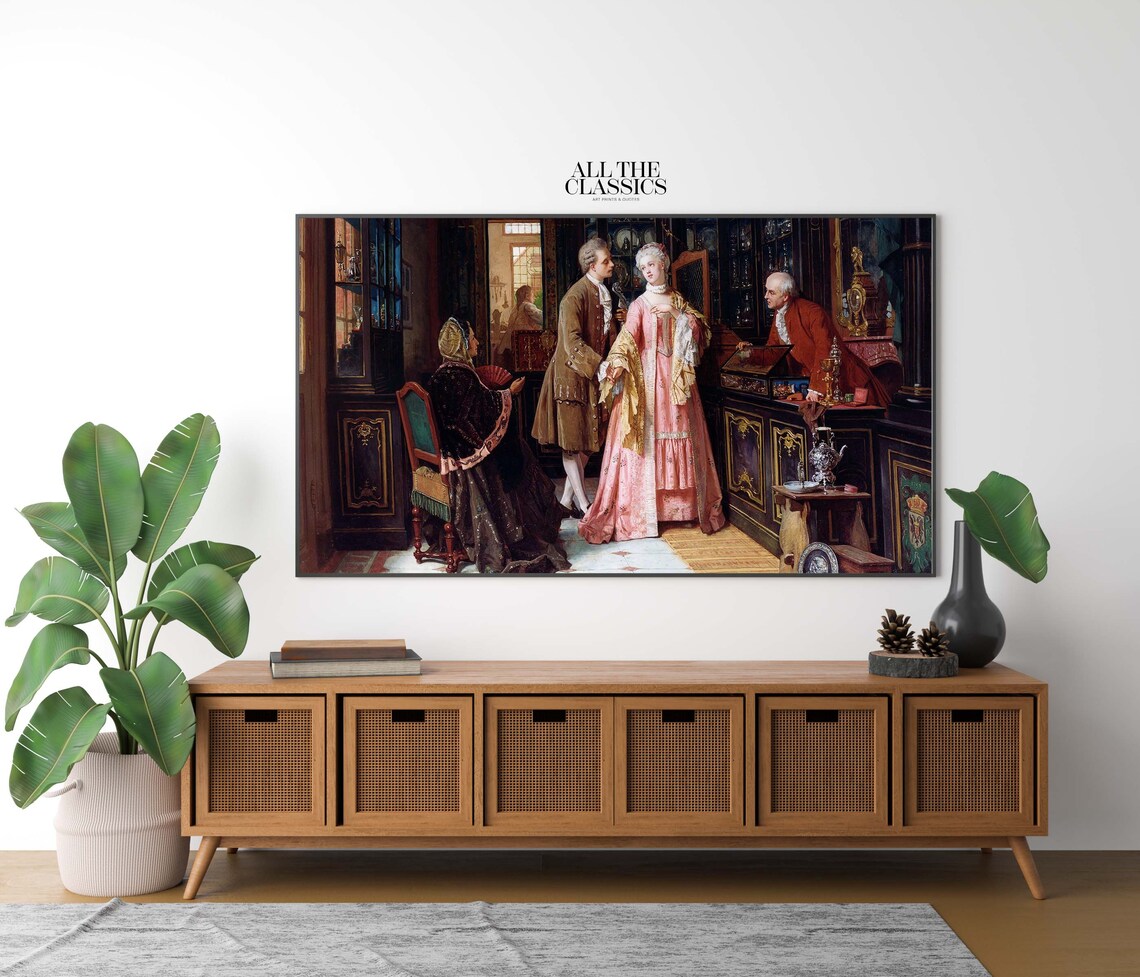 Elegant Couple in Antique Shop Classical Oil Painting Poster - Image 2