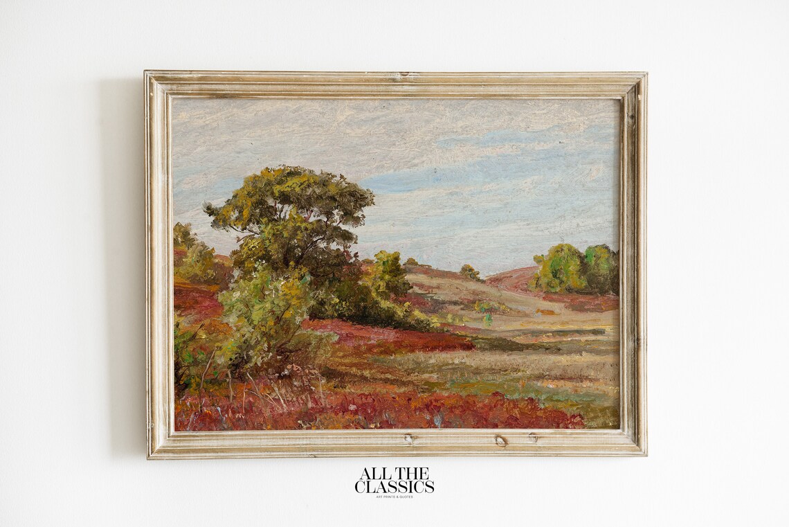 Autumn Red Field Trees Vintage Rural Landscape Painting Print