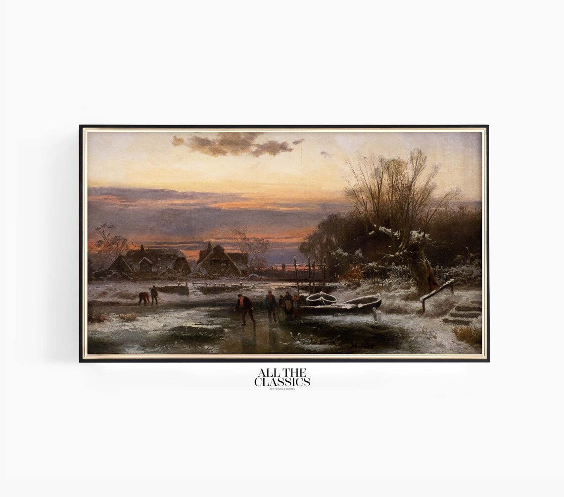 Winter Evening Sunset Frozen River Cottage Scene Vintage Painting Poster
