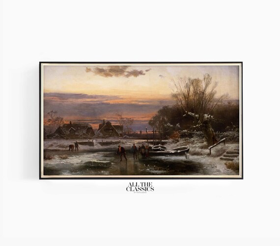 Winter Evening Sunset Frozen River Cottage Scene Vintage Painting Poster