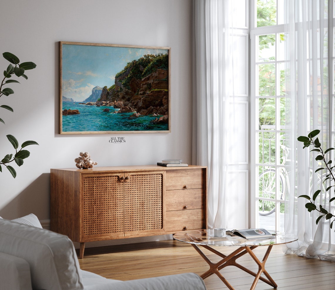 Turquoise Rocky Coastline Cliffs Dramatic Ocean Waves Art Poster - Image 2