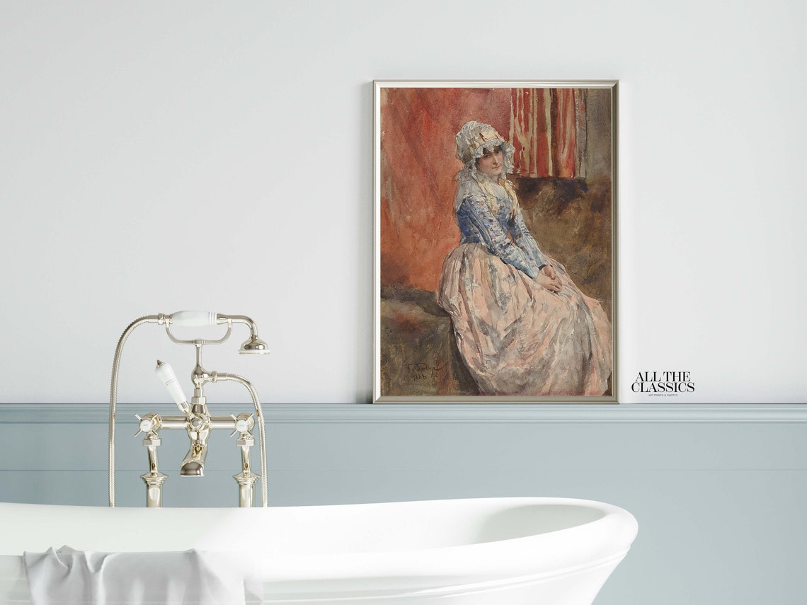 Victorian Woman Lace Bonnet Blue Bodice Classic Portrait Wall Art - Image 2