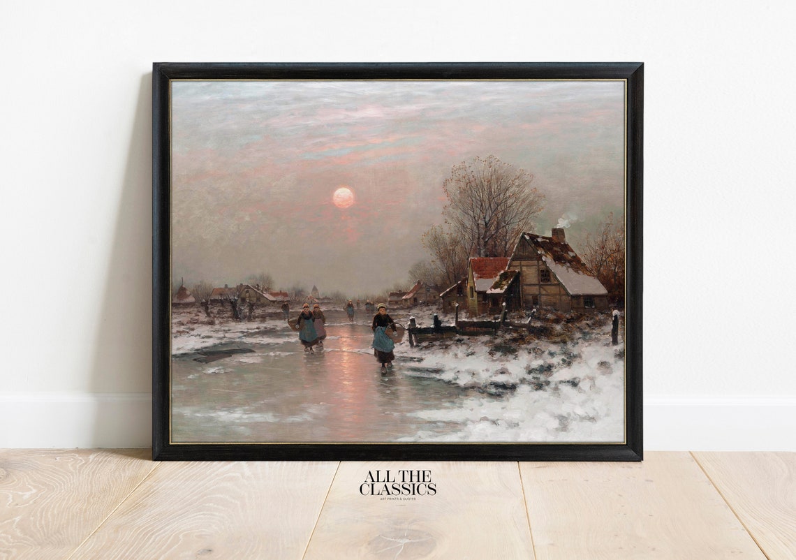 Dutch Winter Canal Sunset Skaters Cottages Vintage Landscape Poster - Image 3
