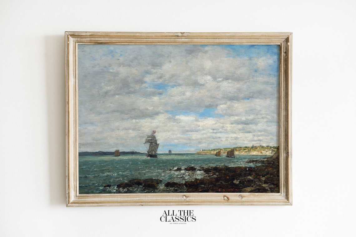 Tall Masted Sailing Ships Off Rocky Coast Vintage Seascape Poster