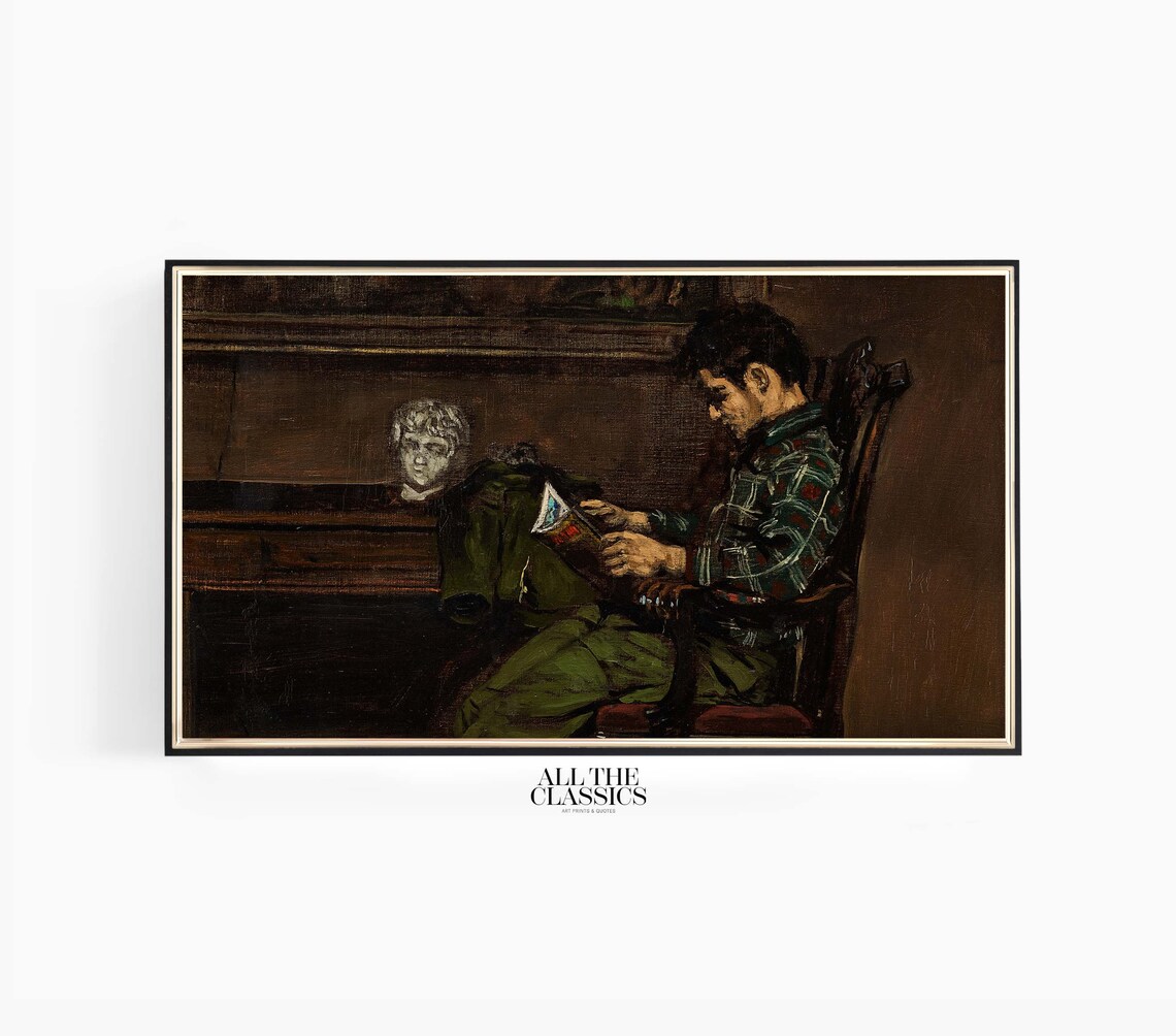 Moody Man Reading in Armchair Dark Vintage Oil Painting Poster