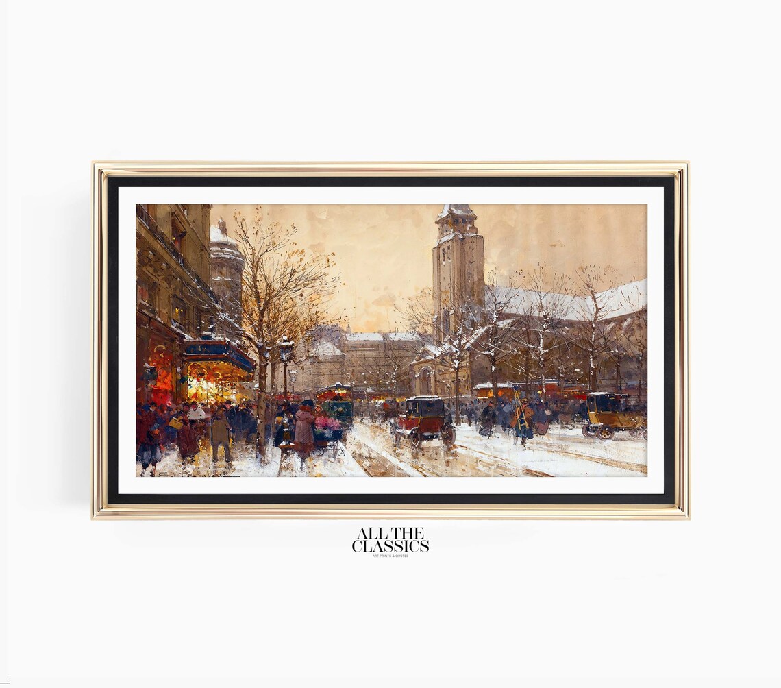 Snowy City Street With Early Cars and Church Tower Winter Poster - Image 3