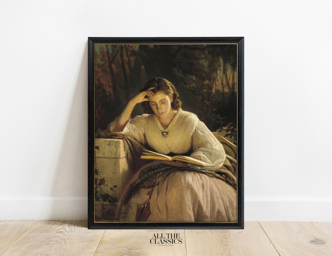 Woman Reading Book Outdoors Dark Woods Vintage Oil Painting Poster - Image 3