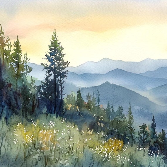 Smoky Mountains Art Print, Appalachian Watercolor Style