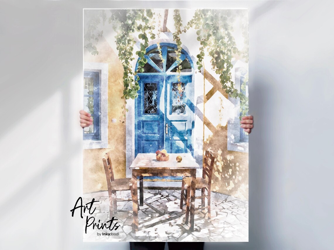 Greek Taverna Blue Door Outdoor Table Chairs Sunny Patio Poster