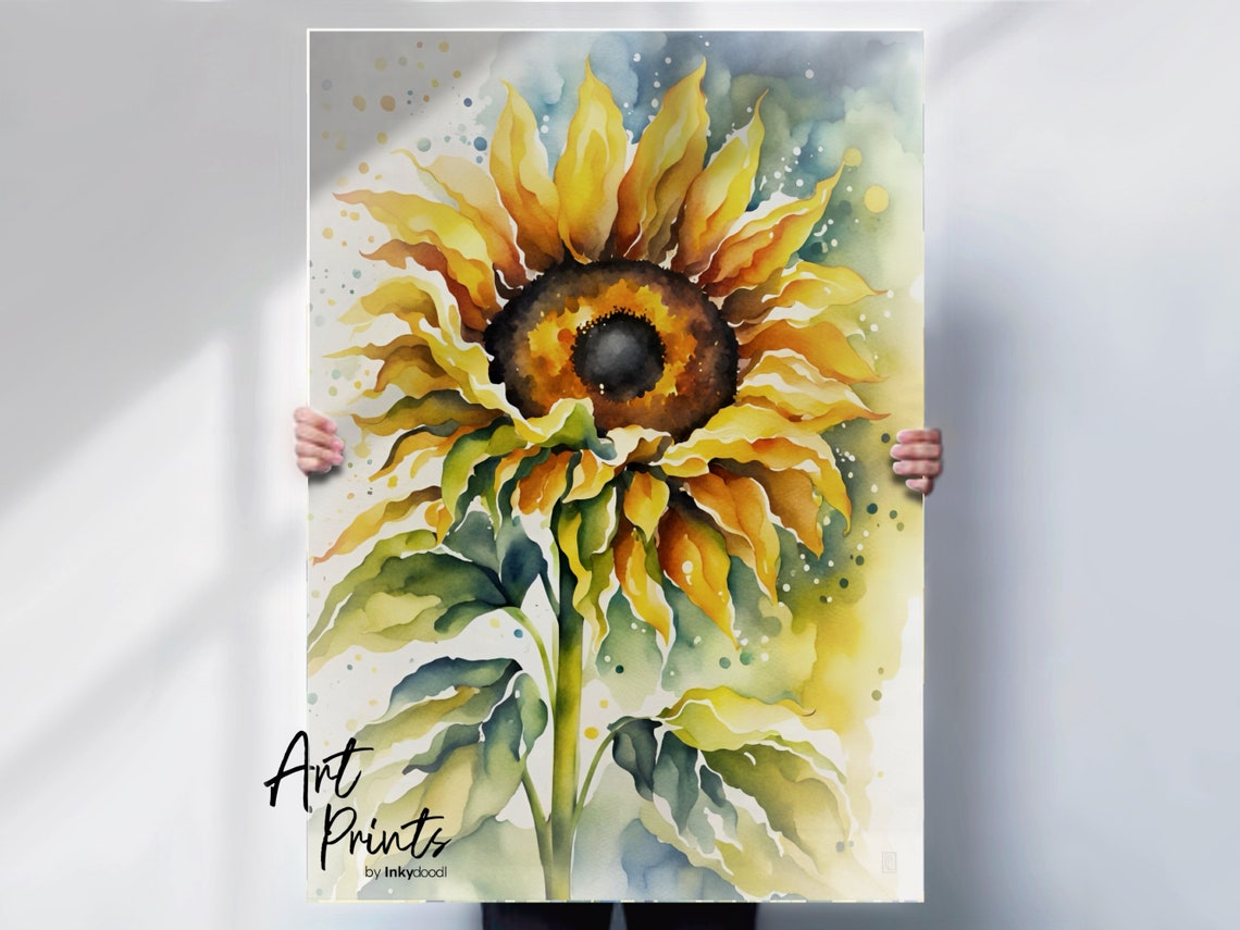 Bright Yellow Sunflower Bloom Watercolor Garden Flower Art Poster
