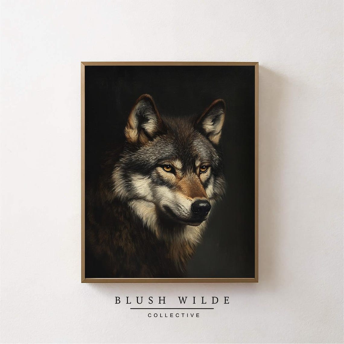 Grey Wolf Portrait Oil Painting Dark Background Wildlife Wall Art