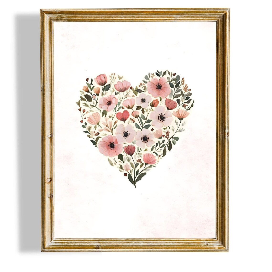 Floral Heart Pink Anemone Poppies Watercolor Valentine Art Poster
