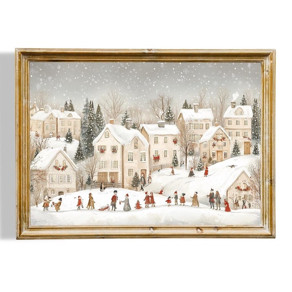 Christmas Town Wall Art Snowy Winter Village Print Cute Winter Town Art Neutral Christmas Wall Decor Instant
