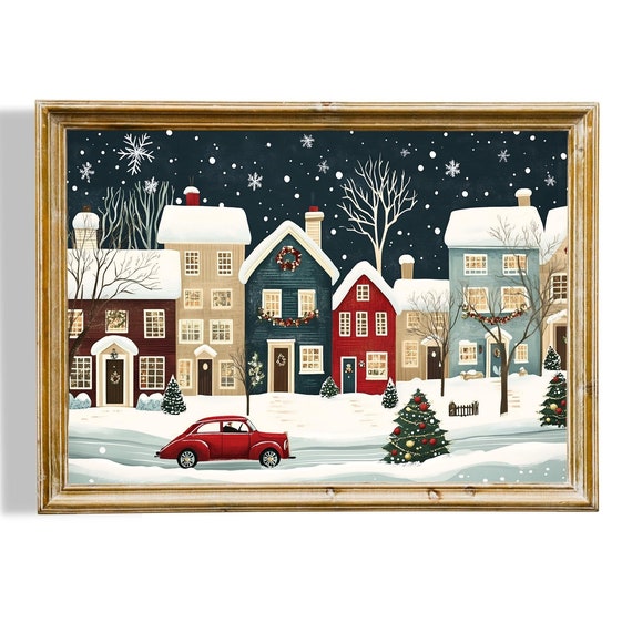 Christmas Town Wall Art Snowy Winter Village Print Cute Winter Town Art Christmas Wall Decor Instant