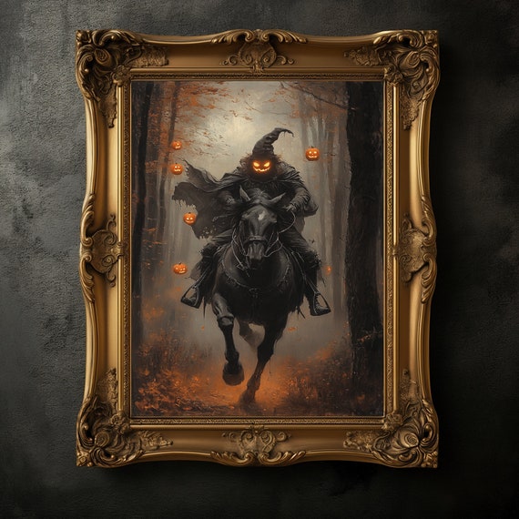Pumpkin Rider Wall Art Dark Moody Fantasy Print Vintage Halloween Art Gothic Home Decor Dark Academia Spooky Season Art