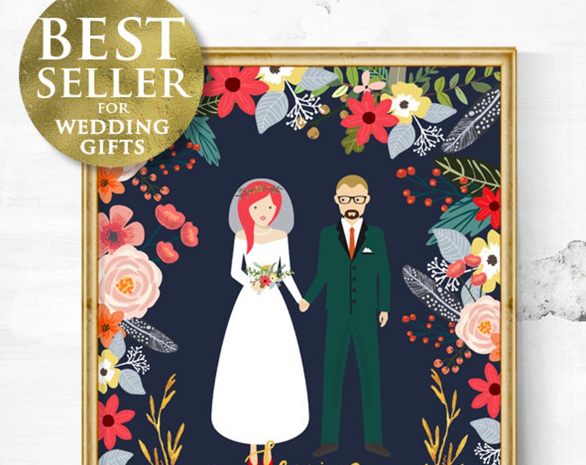 Custom Wedding Couple Illustration Floral Frame Navy Art Print