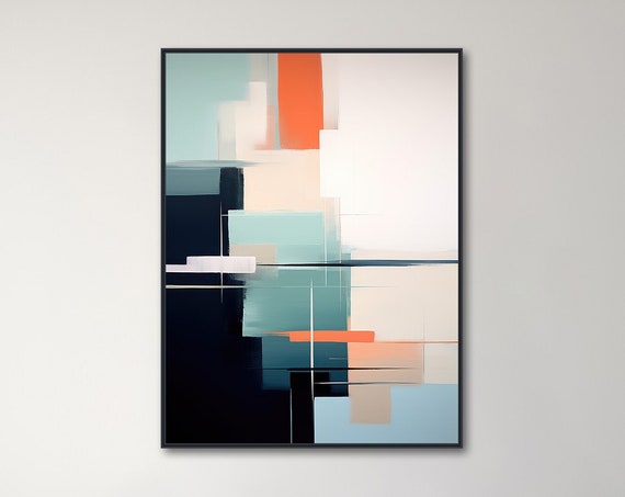 Large Abstract Wall Art Modern Geometric Painting Framed Print Black Teal Orange Quiet Voyage 2