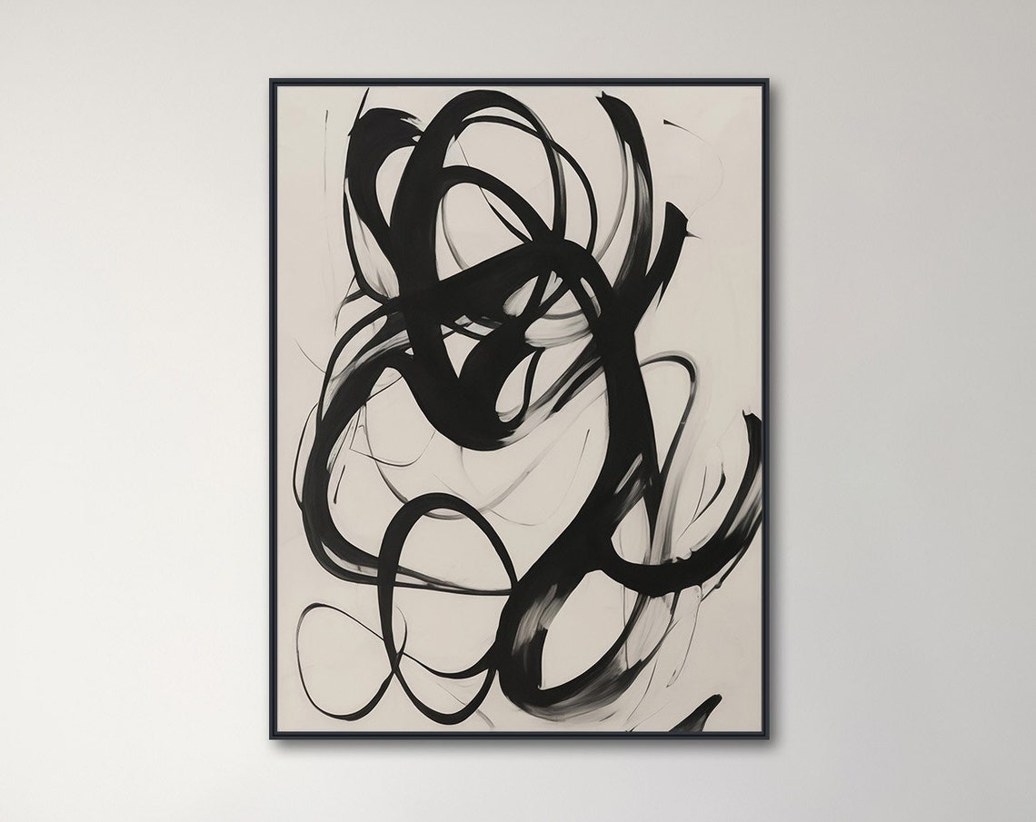 Black Brushstroke Swirl Abstract Off White Minimal Modern Wall Art
